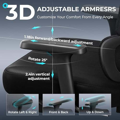 TECHREST Ergonomic Office Chair with Footrest, Big and Tall Home Desk Chair, High Back Rolling Computer Chair with 3D Arms and Lumbar Support, Comfortable Gaming Chair, Swivel Mesh Chairs, Black TECHREST