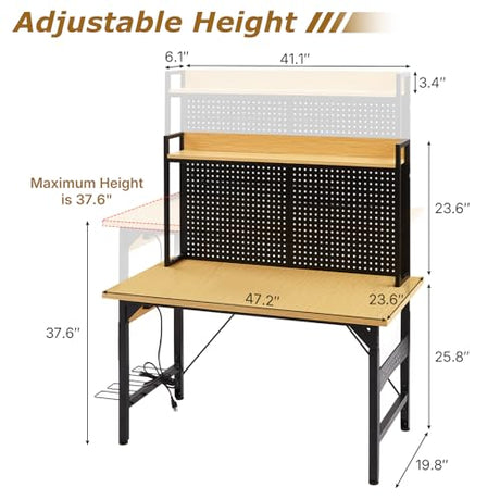 48" Adjustable Height Workbench with Pegboard, Work Benches for Garage, Heavy Duty Wood Top Work Bench with Wheels, 2000 LBS Load Capacity, Rolling Work Table with AC/USB Outlet Storage Shelf Hooks Zevemomo