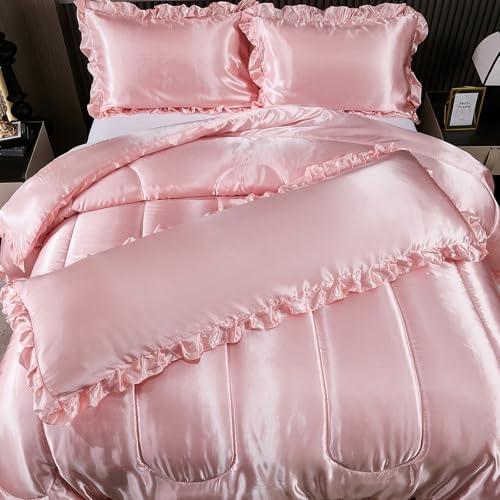 Satin Queen Comforter Set Silk Like Satin Bedding Set Hotel Soft Polyester Pink Bed Set Luxury Silky Pillow Cover with Quilt Set Ruffle Down Comforter Home Decor Bedding_Dreamer
