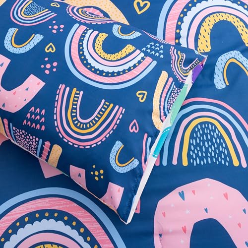 Btargot Lightweight Soft 3 Piece Rainbow Comforter Set with 2 Pillow Covers, Cartoon Love Hearts Suns and Stars Bedding Set for Girls Boys Kids, Twin Dark Blue Btargot