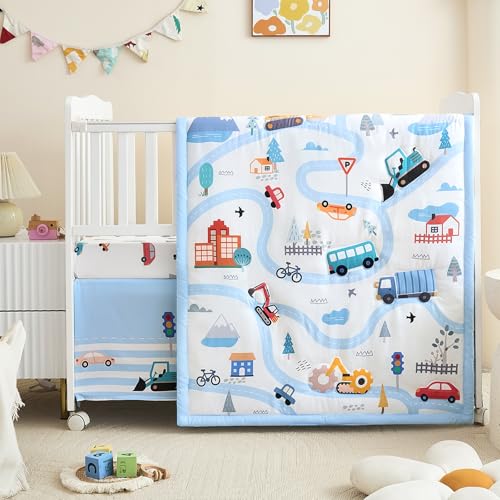 NacoMoco 3-Piece Crib Bedding Set for Boys Girls - Ultra Soft & Skin Friendly Baby Bedding Set Includes Crib Comforter, Sheet & Crib Skirt(Vehicle) NacoMoco