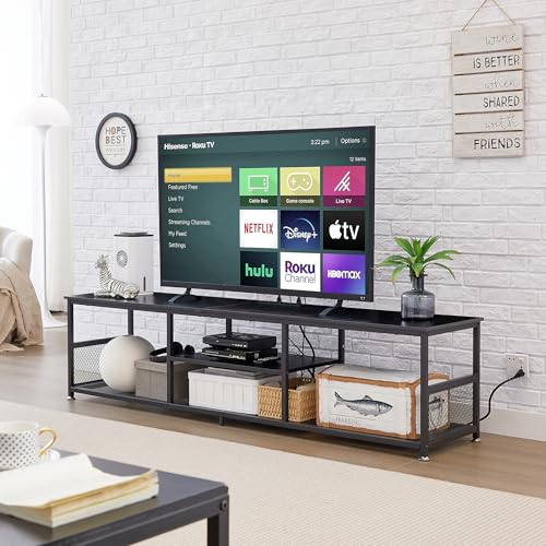 VECELO TV Stand with Power Outlets for Televisions up to 80Inch, 70" Media Entertainment Center with Charging Station 3-Tier Open Storage Shelves with Metal Frame for Living Room/Bedroom，Black VECELO