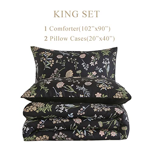 Floral Comforter Set King Size, Yellow Green Botanical Flower Leaves Printed Black Comforter for Kids Teen Women, 3 Piece Soft Microfiber Bedding Set with 2 Pillow Cases for All Season(Black,King) KAKIJUMN
