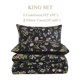 Floral Comforter Set King Size, Yellow Green Botanical Flower Leaves Printed Black Comforter for Kids Teen Women, 3 Piece Soft Microfiber Bedding Set with 2 Pillow Cases for All Season(Black,King) KAKIJUMN
