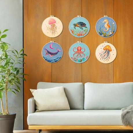 ACRNIGHEET 6PCS Embroidery Kit for Adults Beginners, Sea Animals Embroidery Starter Kit, Stamped Cross Stitch Kits for Crafts Lovers Gift Idea, Include Instructions 6 Stamped Embroidery Cloth 2 Hoop ACRNIGHEET