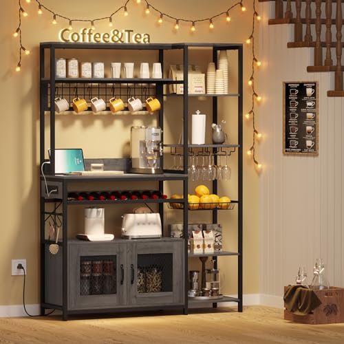 UPOSOJA 47.2in Grey Bakers Rack with Power Outlet and Ample Storage Solutions UPOSOJA