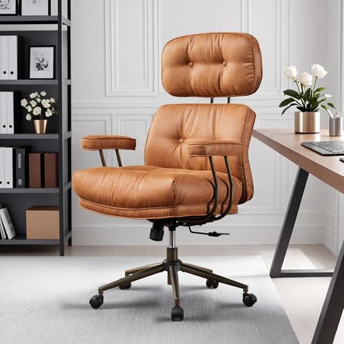 HOOOWOOO Mid-Century Modern Ergonomic Office Chair, Extra Wide Comfy Executive Chair with Lumbar Support, Suede Leather Light Brown HOOOWOOO