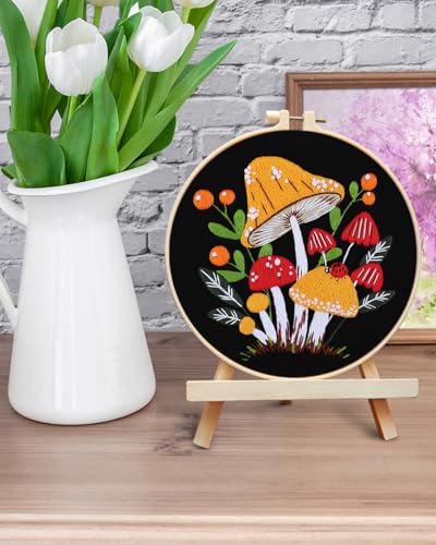 ERKOON Embroidery Kit for Beginners, Flower Cross Stitch Set for Include Embroidery Cloth Hoops Threads for Craft Lover Hand Stitch with Embroidery Skill Techniques (Mushroom) ERKOON