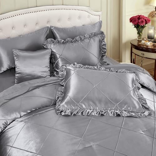 Grey Comforter Set King Sheet Set Silk Like Satin Bedding Set Silky Bed in a Bag 8 Pcs Pinch Pleat Bed Set Home Decor Luxury Hotel Silky Ruffle Comforter with 1 Cushion Cover Bedding_Dreamer