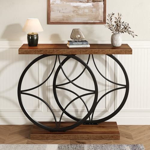 knoworld 39.4" Console Table, Industrial Entryway Table with Anti-Tilt Design, Narrow Wood Accent Sofa Table Behind Couch with Double Circle Base for Entryway, Living Room, Hallway, Foyer knoworld