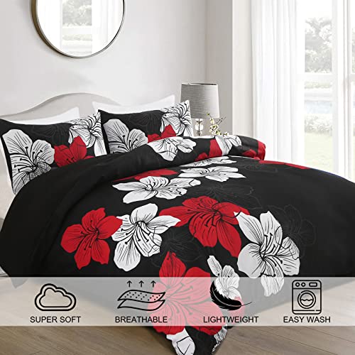 Menghomeus Black Comforter Set Full Red and White Floral Comforter with 2 Pillowcases Modern Bedding Sets Lightweight Boho Bed Set for All Season (1 Comforter, 2 Pillowcases) Menghomeus