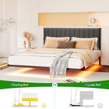 JUISSANO Floating Full Bed Frame with LED Lights & Charging Station,Metal Platform Bed Frame Full Size with Upholstered Headboard,No Box Spring Needed,Heavy Duty Steel Slats,Easy to Assemble No Noise JUISSANO