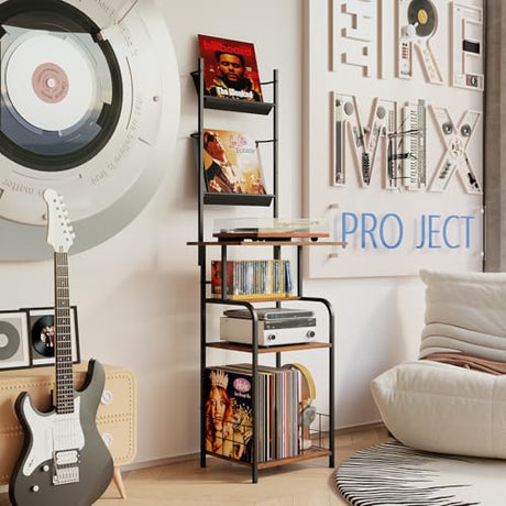 Homsorout Record Player Stand with Vinyl Storage - 6-Tier Turntable Table with Adjustable Feet, Metal & Wood Cabinet - Console Organizer Display Shelf for Living Room, Apartment Homsorout