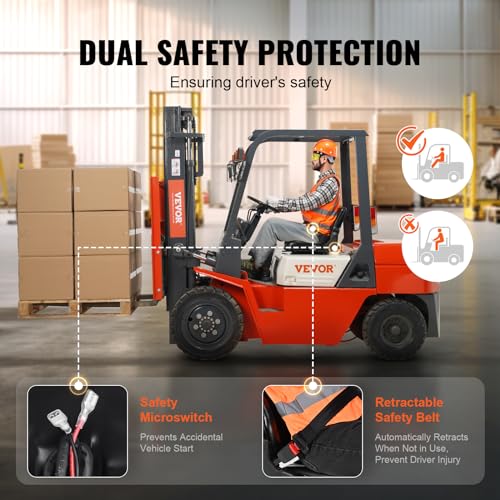 VEVOR Universal Forklift Seat, Fold Down Tractor Seat with Adjustable Angle Back, Micro Switch and Retractable Seatbelt, 6.3-13.4 inch Slot Forklift Seat for Tractor Loader Excavator VEVOR