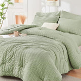 HYMOKEGE Light Green Queen Comforter Set Seersucker 7 Pieces, All Season Luxury Bed in a Bag for Bedroom, Bedding Set with Comforters, Sheets, Pillowcases & Shams HYMOKEGE