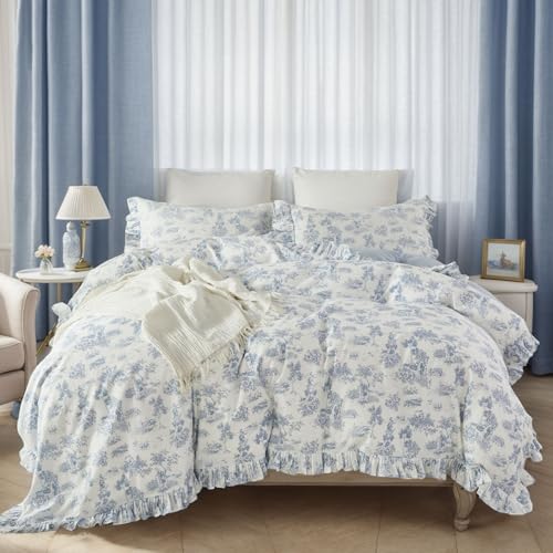Brandream French Country Garden Toile Floral Duvet Quilt Cover King Size 100% Cotton Bedding Set Toile Tapestry Pattern Blossom Tree Branches Delicate Ruffle Fringe Design Brandream