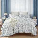 Brandream French Country Garden Toile Floral Duvet Quilt Cover King Size 100% Cotton Bedding Set Toile Tapestry Pattern Blossom Tree Branches Delicate Ruffle Fringe Design Brandream