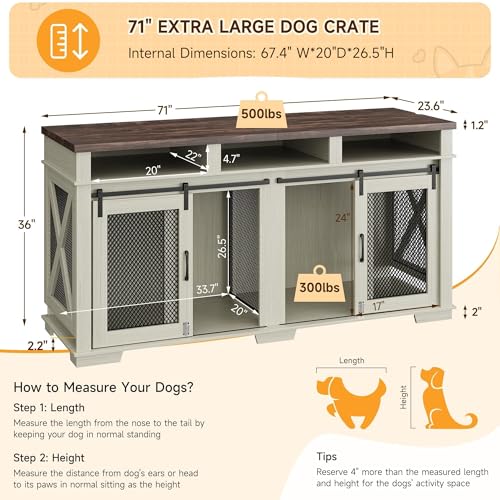 71'' Double Dog Crate Furniture – Furniture-Style Kennel with Removable Divider, Sliding Barn Door & 3 Drawers | Doubles As a TV Stand, Ideal for Large Dogs or 2 Medium Breeds (White + Walnut Finish) Loumernhant