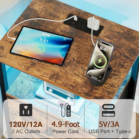 LOAKEKEL Nightstand with Charging Station, End Table with 2 Fabric Drawers, LED Night Stand for Bedroom, Small Bed Side Table with USB Ports and Outlets for Living Room, Brown, HETS02BR-1 LOAKEKEL