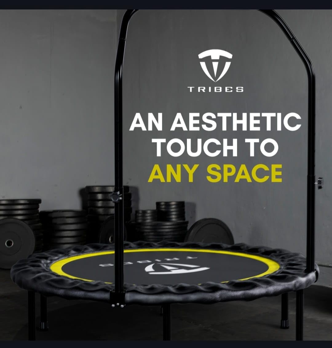 Tribes Foldable Mini Trampoline for Adults and Kids, Rebounder with Adjustable Bar and Nonslip Feet, 330lbs Max Capacity, Indoor Outdoor Fitness Equipment TRIBES