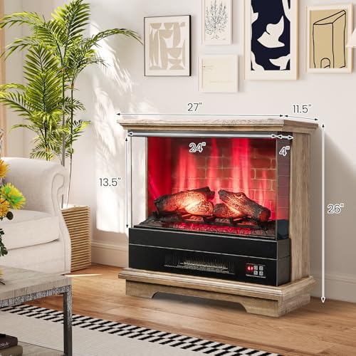 ORALNER 27” Electric Fireplace with Mantel, 3-Sided Glass View, Wooden Surround Firebox, Freestanding Fireplace Heater w/ 7 Flame Colors, Remote & 6H Timer, Overheat Protection, 1400W (Brown) ORALNER
