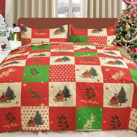 ROMROL Christmas Quilt Set King Size, Red Plaid Christmas Bedding Comforter Set Lightweight Patchwork Elks Quilted Coverlet Bedspread with 2 Pillow Shams（96 * 90”） ROMROL