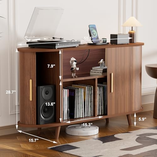 KSOBEBVT Record Player Stand with Vinyl Storage, Modern Media Cabinet with Charging Station & LED Lights, Sliding Door Turntable Stand, Audio-Visual Shelving Unit for Living Room KSOBEBVT