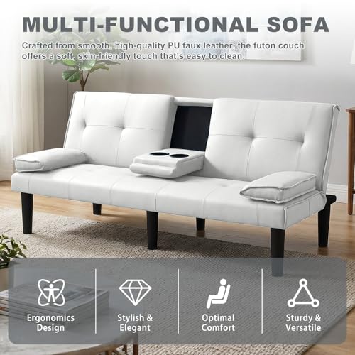 AnoYishev Futon Sofa Bed PU Leather Modern Convertible Futon Couch with Removable Armrests, Cup Holders, Loveseat Sleeper Sofa Bed for Living Room, Apartment, Small Spaces (White) AnoYishev