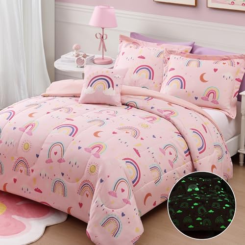 Kaleido Space Glow in The Dark Kids Comforter Set Full Size for Girls, Pink Rainbow Bedding Set 1 Comforter, 1 Decor Pillow, 2 Pillow Shams Kaleido Space