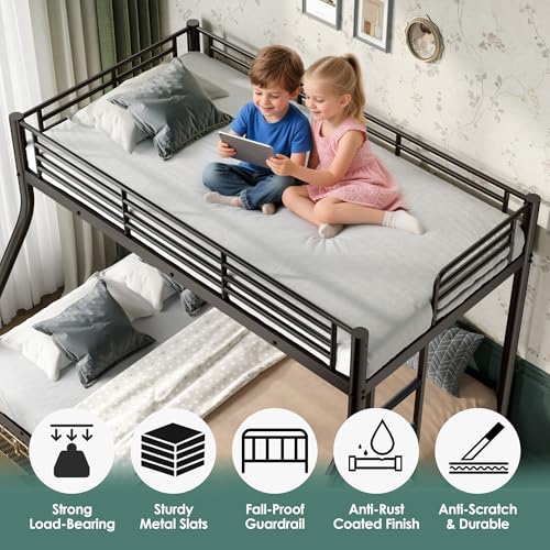 Cyranture Twin XL Over Queen Bunk Bed Size, Heavy Duty Bunk Beds with Bottom Space & Guardrail Metal Bunk Bed Frame for Adults Dorm Bedroom Guest Room, No Box Spring Needed（Upgrate Black） Cyranture