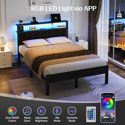 OLEVS Full Size Bed Frame with LED Lights & Charging Station, Modern Platform Bed with Upholstered Storage Headboard, No Box Spring Needed Easy Assembly OLEVS