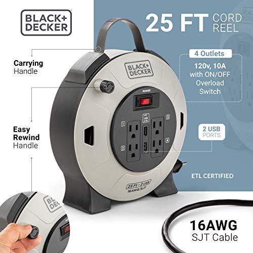 BLACK+DECKER 25 Ft. Retractable Extension Cord Reel With 4 Outlets, 2 USB Ports, Multi-Plug Extension, On/Off Switch & Heavy-Duty 16AWG SJT Cable Black + Decker