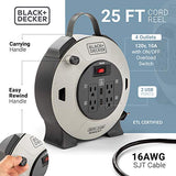 BLACK+DECKER 25 Ft. Retractable Extension Cord Reel With 4 Outlets, 2 USB Ports, Multi-Plug Extension, On/Off Switch & Heavy-Duty 16AWG SJT Cable Black + Decker