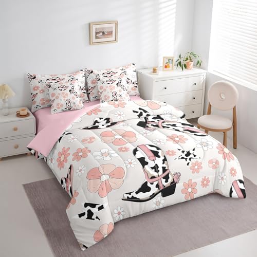 Erosebridal Western Cowgirl Twin Bedding Set for Girls,Pink Floral Milk Cow Print Comforter Set 7 Piece,Cowgirl Boot Hat Bed Set Farmhouse Flower Bed in a Bag with Fitted+Flat Sheet,Pillowcases Erosebridal