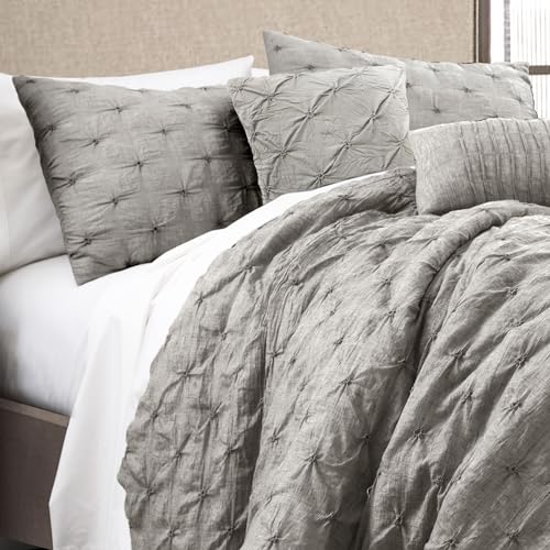 Lush Decor Ravello Pintuck Comforter Set - Luxe 5 Piece Textured Bedding Set - Traditional Glam & Farmhouse Inspired Bedroom Decor - King, Gray Lush Decor