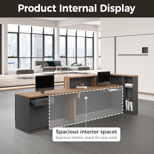 Nuipesn 94" Modern L-Shaped Reception Desk with Counter, Drawer, Keyboard Tray & Storage Shelves, Right Layout, Dark Walnut Nuipesn