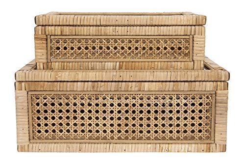 Creative Co-Op Modern Decorative Rectangle Woven Rattan and Wood Display Boxes with Glass Top, Set of 2 Sizes, Natural Finish - WoodArtSupply