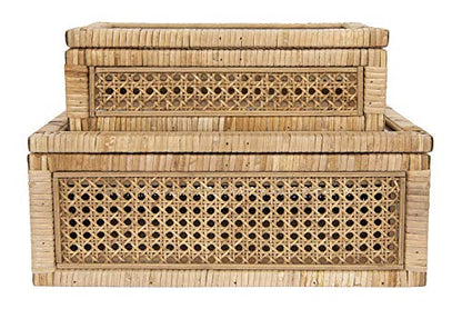 Creative Co-Op Modern Decorative Rectangle Woven Rattan and Wood Display Boxes with Glass Top, Set of 2 Sizes, Natural Finish - WoodArtSupply