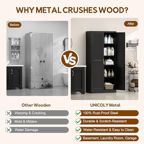 UNICOLY 71" Kitchen Pantry Cabinet, Pantry Storage Cabinet with Doors and 4 Shelves, Metal Storage Cabinets for Kitchens, Living Room, Dinning Room, Assembly Required, Black UNICOLY