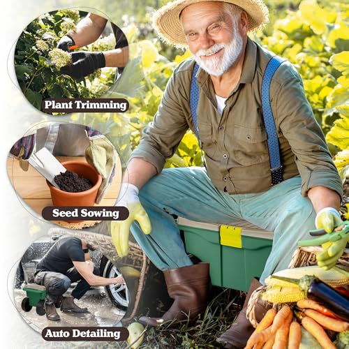 Rolling Garden Cart with Seat - Plastic Storage with Bench and Interior Tool Tray - Gardening Stool for Weeding and Planting By Pure Garden (Green) Pure Garden