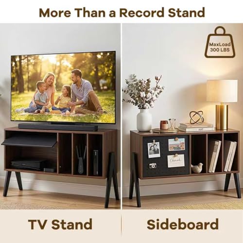 Record Player Stand with Vinyl Storage Cabinet, 32'' Mid Century Modern Turntable Console Table for Albums Display, Heavy-Duty Media Audio Bookshelf for Speakers & Stereo, Black Walnut Wood FurnPulse