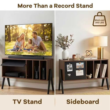 Record Player Stand with Vinyl Storage Cabinet, 32'' Mid Century Modern Turntable Console Table for Albums Display, Heavy-Duty Media Audio Bookshelf for Speakers & Stereo, Black Walnut Wood FurnPulse