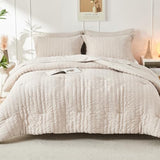 HYMOKEGE Beige Queen Comforter Set Seersucker 7 Pieces, All Season Luxury Bed in a Bag for Bedroom, Bedding Set with Comforters, Sheets, Pillowcases & Shams HYMOKEGE