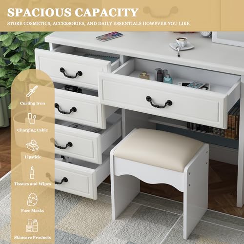 Runboll Elegant Vanity Desk with Lighted Mirror, 6 Drawer White Dressing Table Set for Bedroom, Features Adjustable 3-Color LED Lights, Perfect Makeup Vanity with Storage Runboll