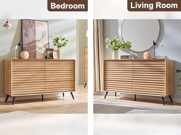 RedLemon 6 Drawers Dresser for Bedroom, 54'' Wide Mid Century Modern Wood Fluted Double Dresser, Chest of Drawers with Tapered Leg for Bedroom, Living Room, Hallway, Closet, Natural Oak RedLemon