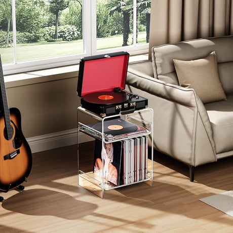 Acrylic Record Player Table with Storage Shelf, Clear Side Table Nightstand (Clear, Medium) Acrylicolor