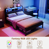 Crocofair Full Size Bed Frame with Charging Station and LED Lights,Upholstered Headboard with Storage Shelves, Metal Platform Bed Frame, Noise Free, No Box Spring Needed,Easy Assembly,Black Crocofair