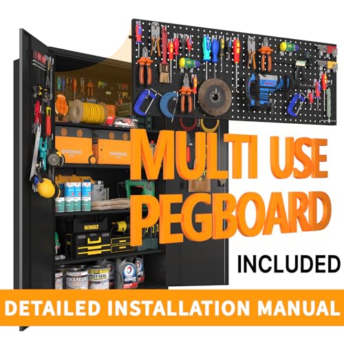 Upgraded Tall & Wide Metal Storage Cabinet with Doors & 4 Adjustable Shelves | Heavy-Duty Black Lockable Garage Cabinet with Wheels & Pegboard for Office, Gym, Basement, Warehouse (Black) basenji