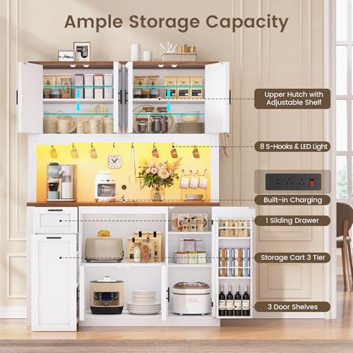 Itaar 71" Pantry Cabinet with Charging Station and LED Light, Kitchen Pantry Cabinet with Microwave Stand, 47.2" Wide Kitchen Storage Cabinets with Storage Cart 3 Tier for Dining Room, White Itaar