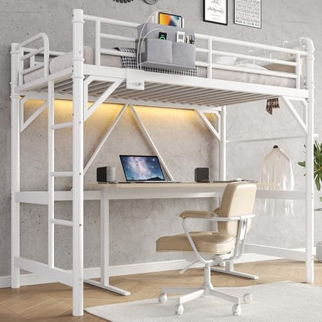 Twin Size Loft Bed with LED Lights and Charging Station, Industrial Heavy Duty Metal Loft Bed Frame with Ladder and Guardrail for Kids Adults, Small Space Saving Design for Bedroom Dorm, White Jocoevol